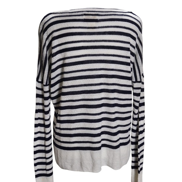 Cynthia Rowley Striped Preppy Casual Linen Cozy Spring Sweater Navy White Beach - Picture 3 of 6